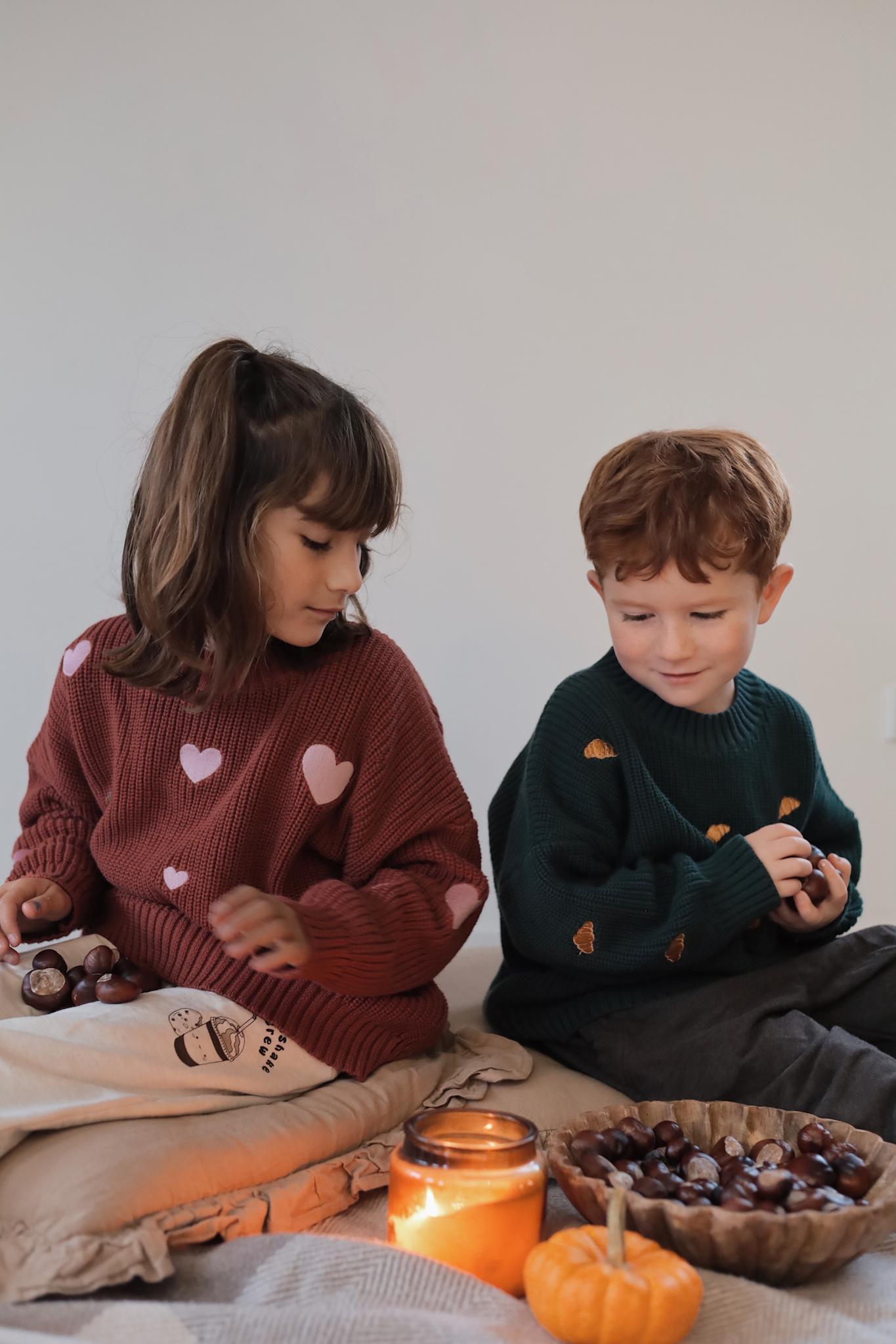 BELLE knit w. embroidered hearts - Bordeaux w. embroidered puppy pink hearts